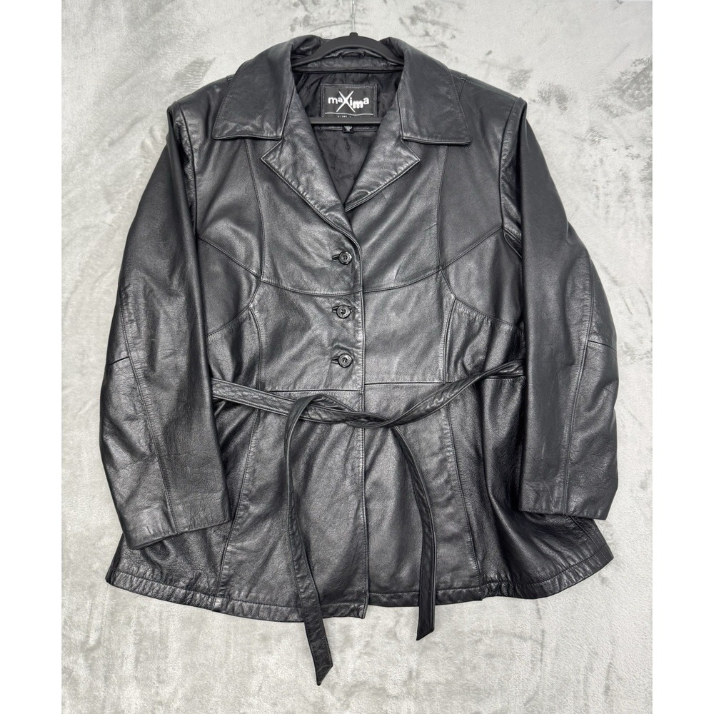 Vintage Wilsons Leather Pea Coat Womens 1X Belted Jacket Maxima Biker 90s Y2K